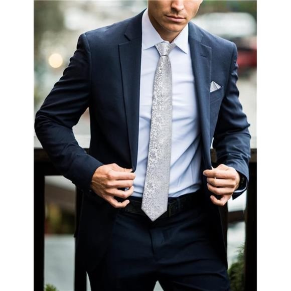 Silk Tie Woven Handkerchief Men's Necktie and Lapel Pin Brooch Set 05 Silver - Picture 2 of 6
